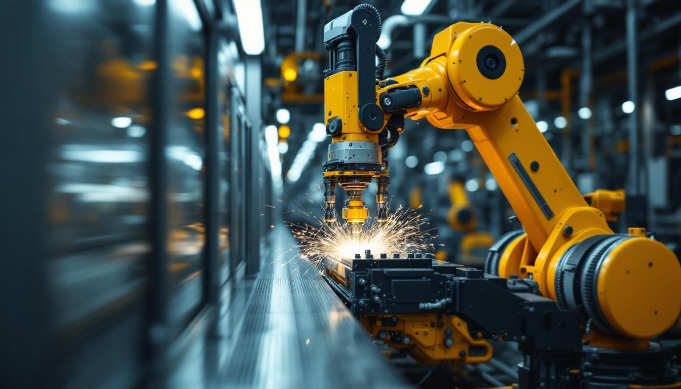 A photograph of a skilled technician operating an industrial robotic arm in a subway maintenance facility