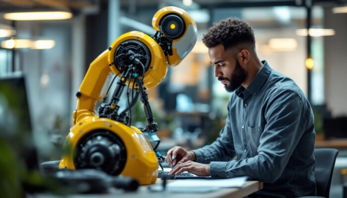 A photograph of a skilled ux designer collaborating with an industrial robot in a modern workspace