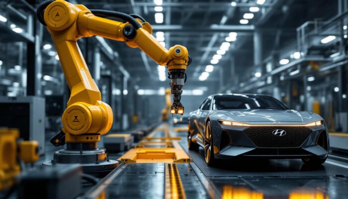 A photograph of the hyundai n vision 74 in action alongside an industrial robotic arm