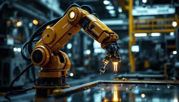 A photograph of a sleek industrial robotic arm in action
