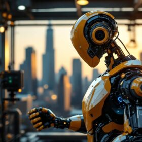 A photograph of a sleek industrial robot in action