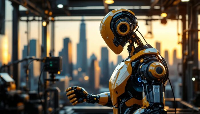 A photograph of a sleek industrial robot in action