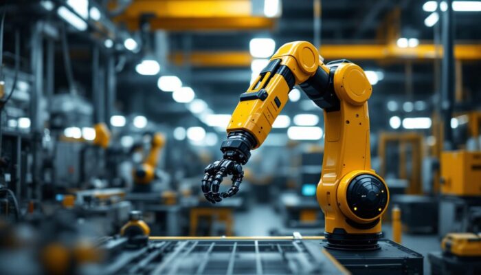 A photograph of a sleek industrial robotic arm in action