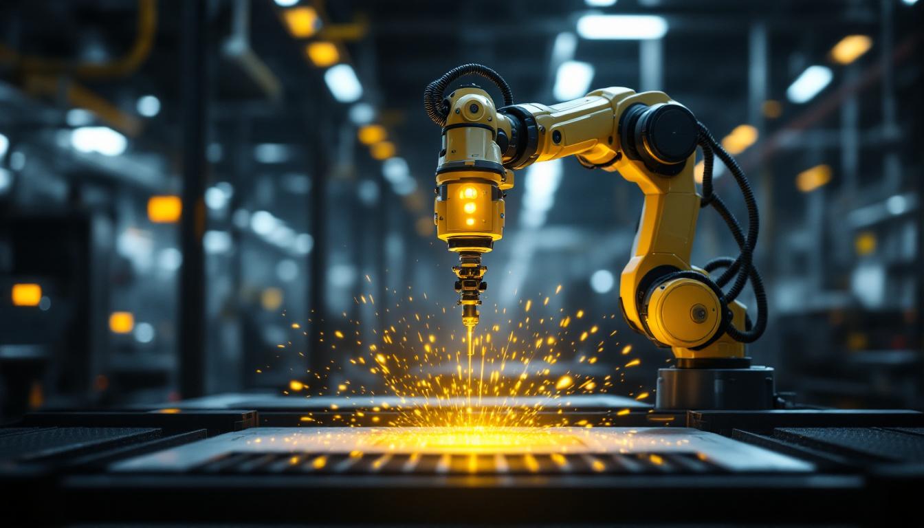 A photograph of a high-tech industrial robotic arm equipped with an infrared camera in action