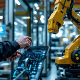A photograph of a skilled technician programming or operating an industrial robot in a modern manufacturing setting