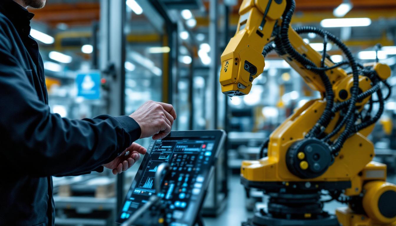 A photograph of a skilled technician programming or operating an industrial robot in a modern manufacturing setting