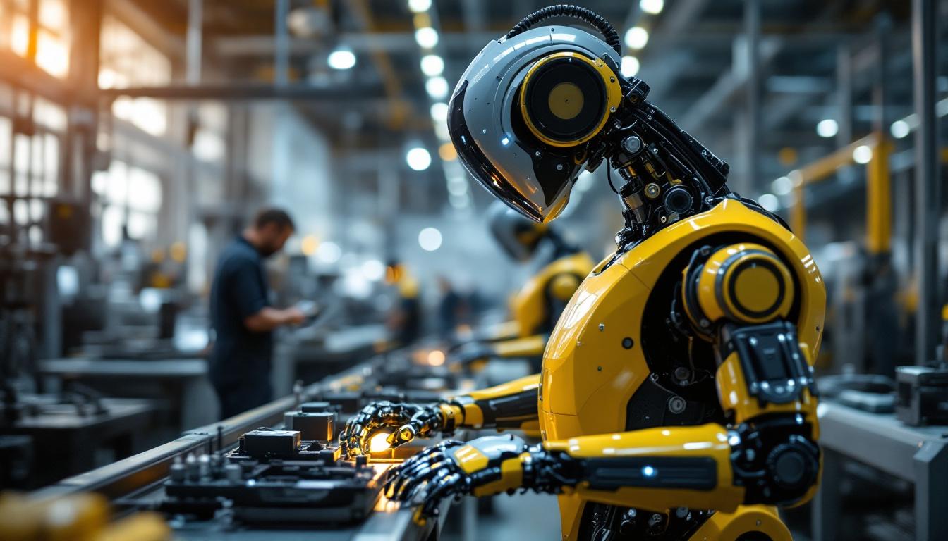 A photograph of a sleek industrial robot in action within a modern manufacturing facility