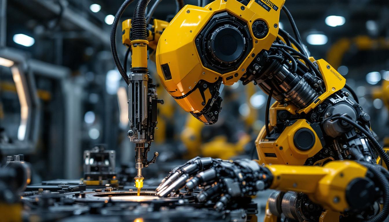 A photograph of capture a photograph of a sleek industrial robot in action