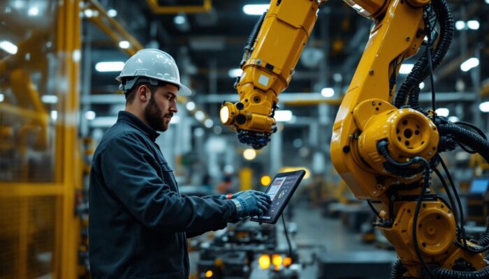 A photograph of a skilled technician programming or operating an industrial robotic arm in a modern manufacturing facility