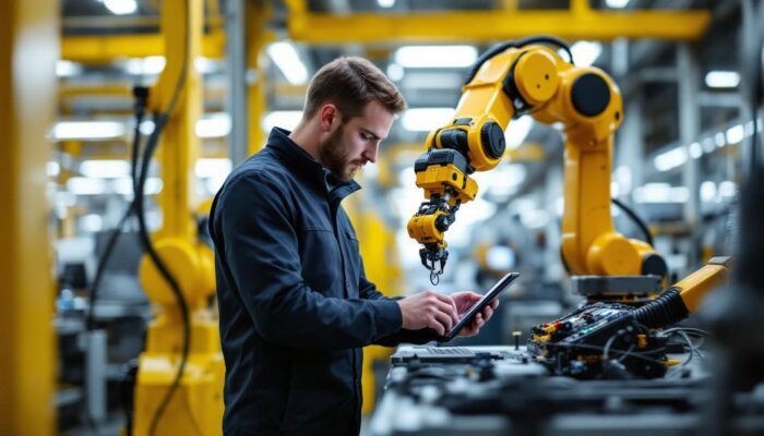 A photograph of a skilled car programmer working on an industrial robotic arm in a modern automotive manufacturing facility