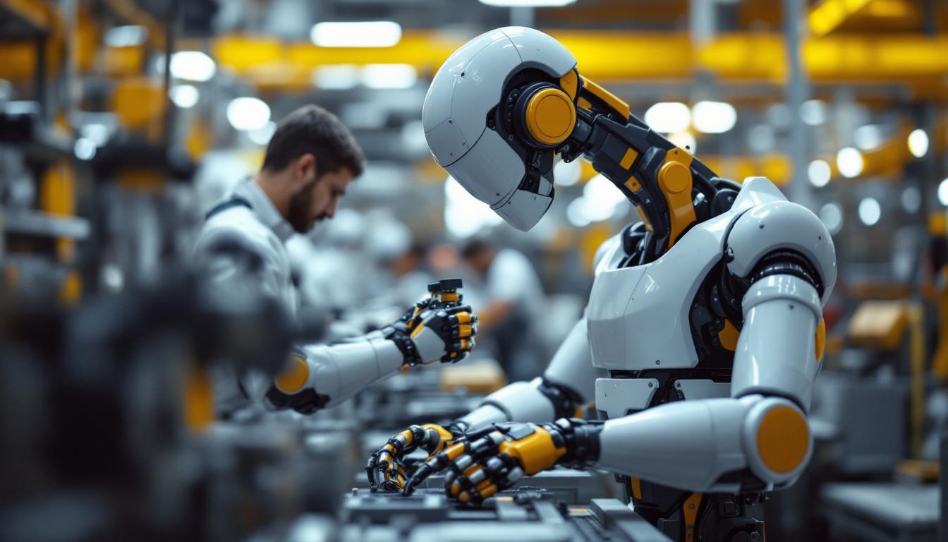 A photograph of a modern industrial robot in action within a manufacturing setting in boston