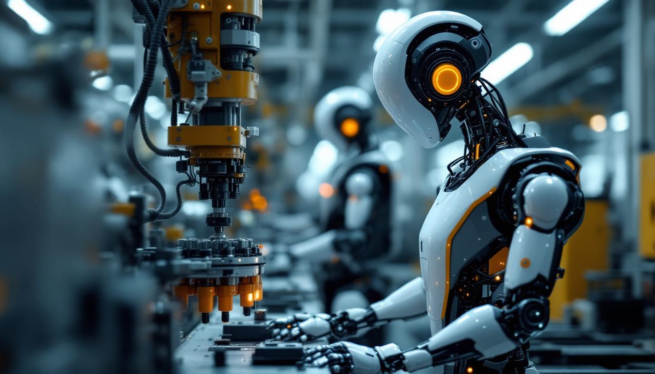 A photograph of a sleek industrial robot in action within a manufacturing environment