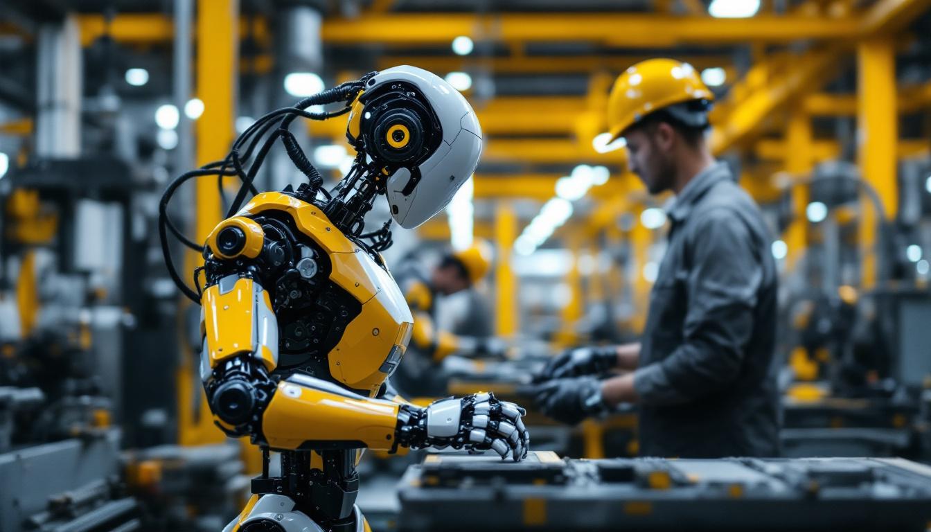 A photograph of a sleek industrial robot in action within a modern manufacturing environment