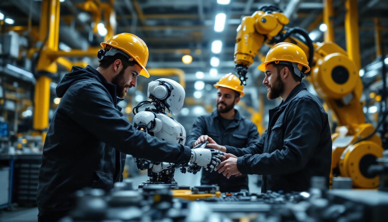 A photograph of a diverse team of engineers and technicians collaborating around a modern industrial robot