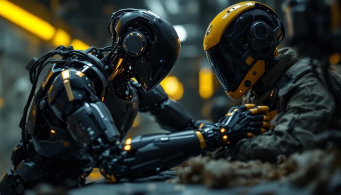 A photograph of a sleek humanoid robot in a military setting