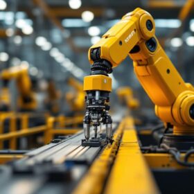 A photograph of a sleek industrial robotic arm in action