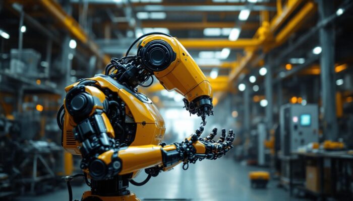 A photograph of capture a photograph of a modern industrial robot in action within a bustling boston engineering facility