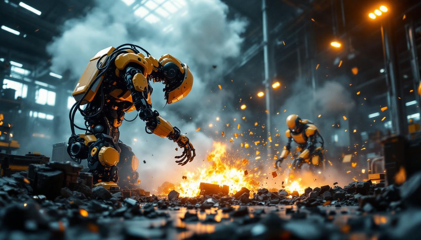 A photograph of a dramatic scene showcasing industrial robots in action within a manufacturing facility