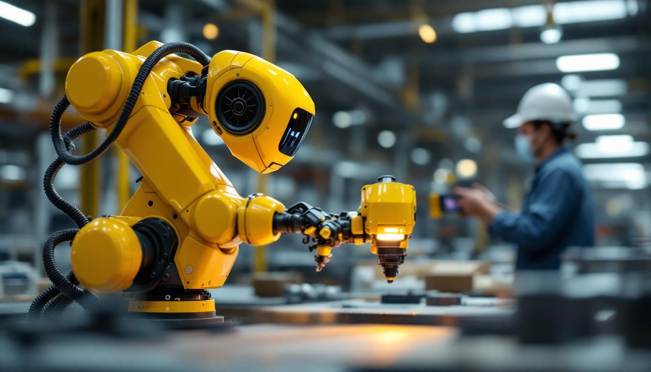 A photograph of a mobile mini industrial robot in action within a manufacturing setting