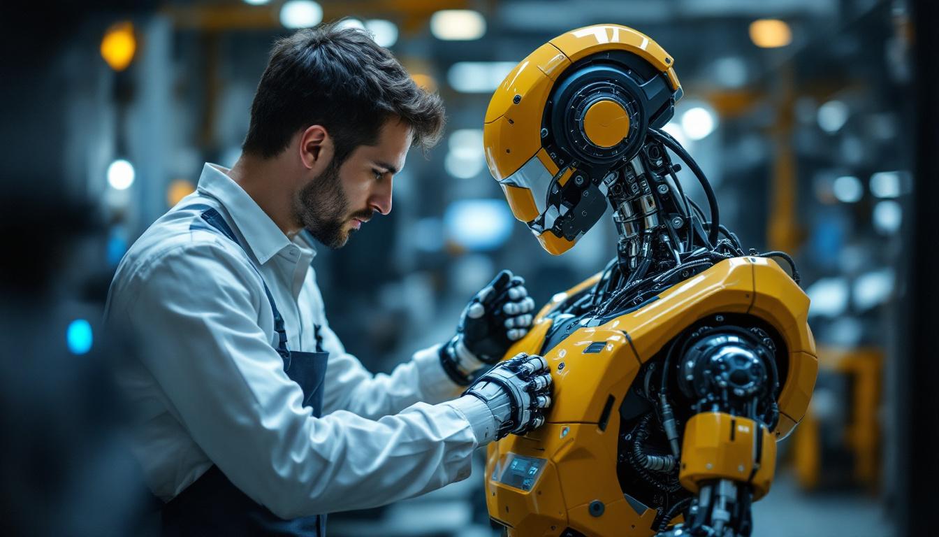 A photograph of a skilled roboticist working closely with an industrial robot in a modern manufacturing environment