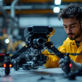 A photograph of a skilled technician performing routine maintenance on a drone in an industrial setting
