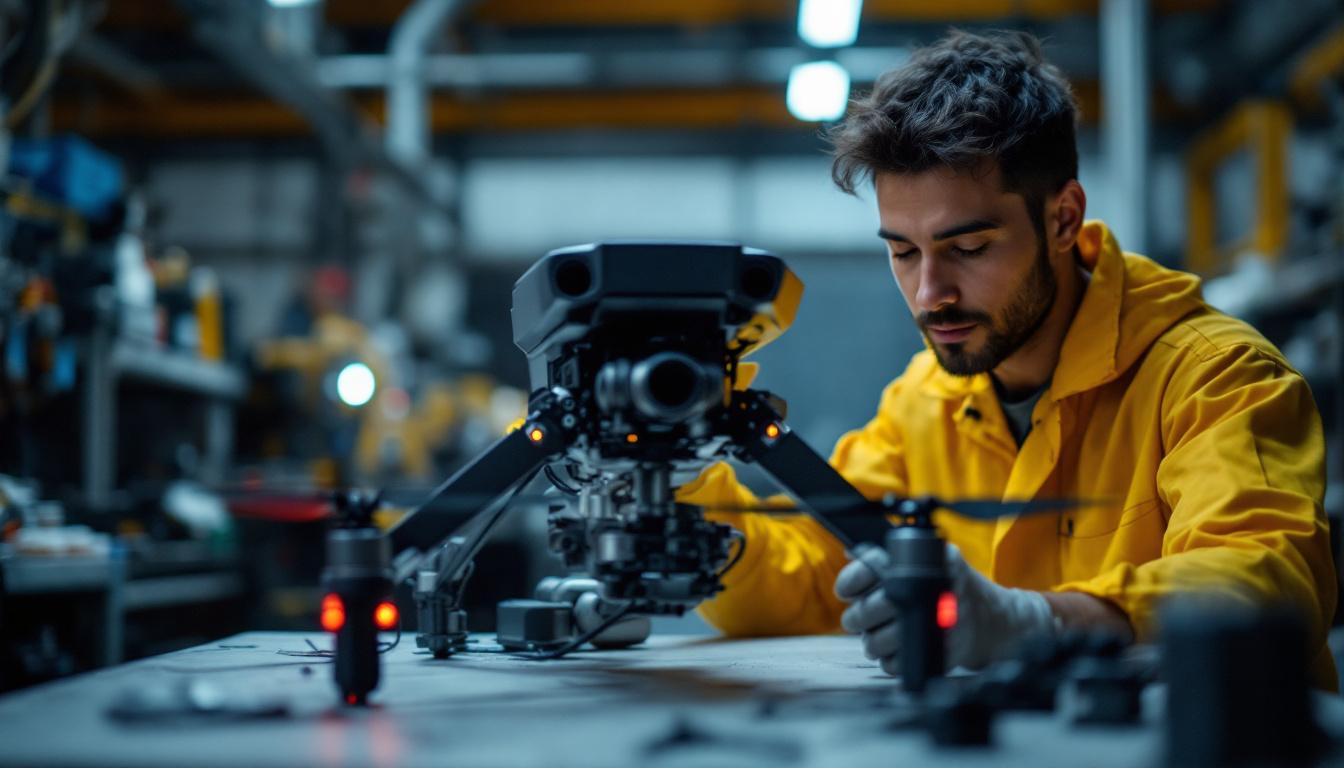 A photograph of a skilled technician performing routine maintenance on a drone in an industrial setting