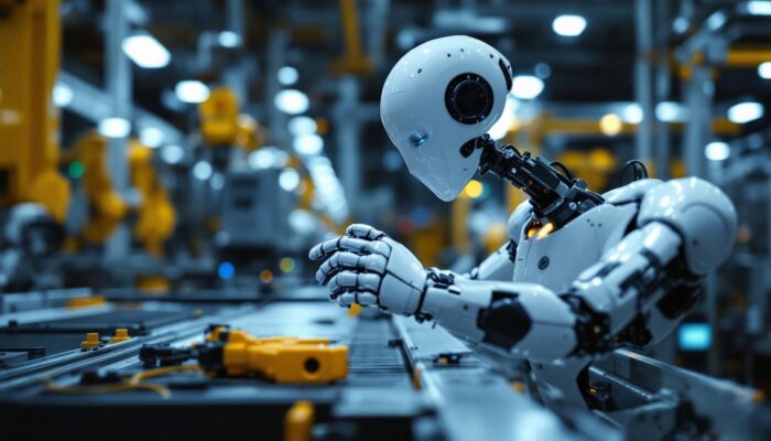 A photograph of a sleek industrial robot in action within a manufacturing environment
