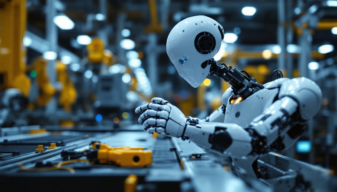 A photograph of a sleek industrial robot in action within a manufacturing environment