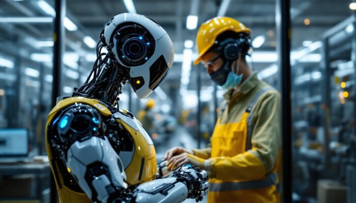 A photograph of a sleek industrial robot in action within a modern manufacturing environment