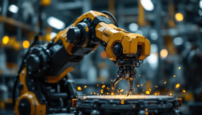 A photograph of a detailed close-up of an industrial robotic arm in action