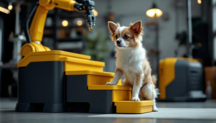 A photograph of a small dog confidently using a set of stylish