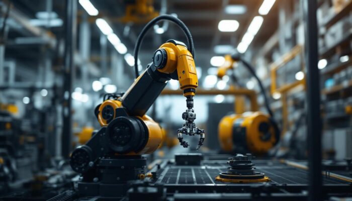 A photograph of a dynamic industrial robotic arm in action