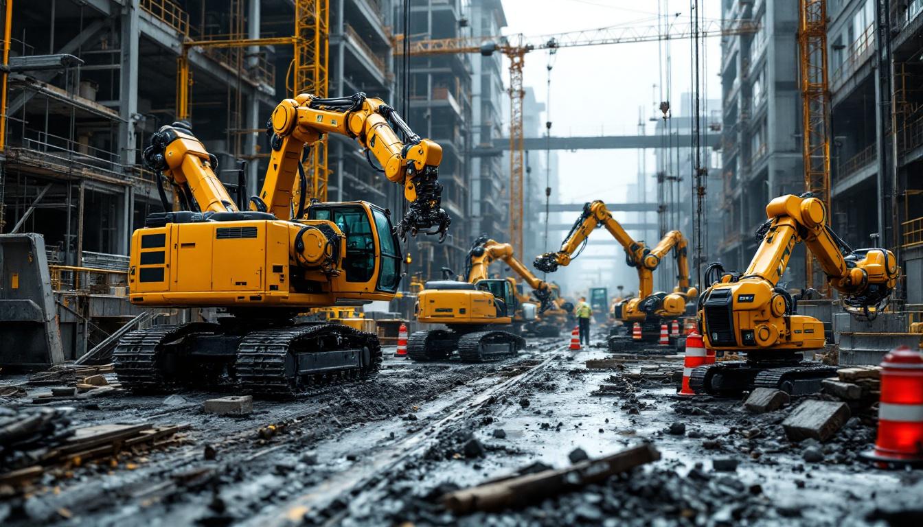 A photograph of a dynamic construction site showcasing various types of construction machinery in action