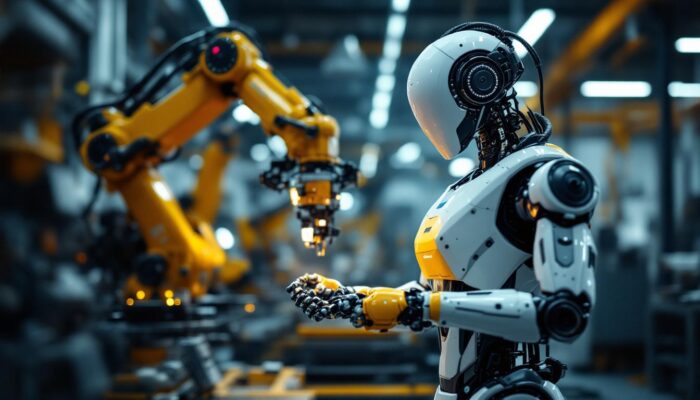 A photograph of capture a photograph of a sleek industrial robot in action within a modern manufacturing facility