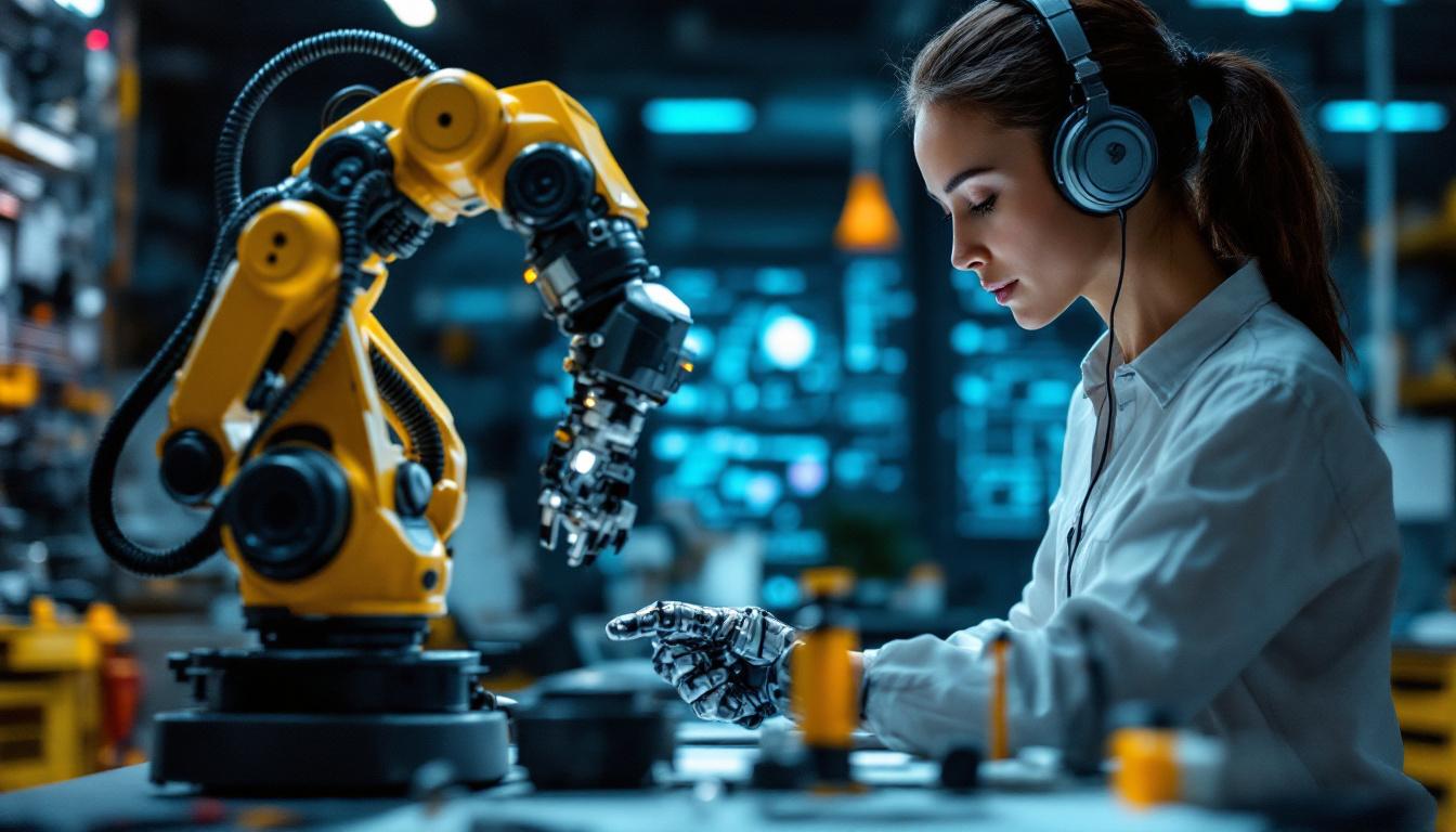 A photograph of a test engineer intern working alongside an industrial robot in a modern workspace