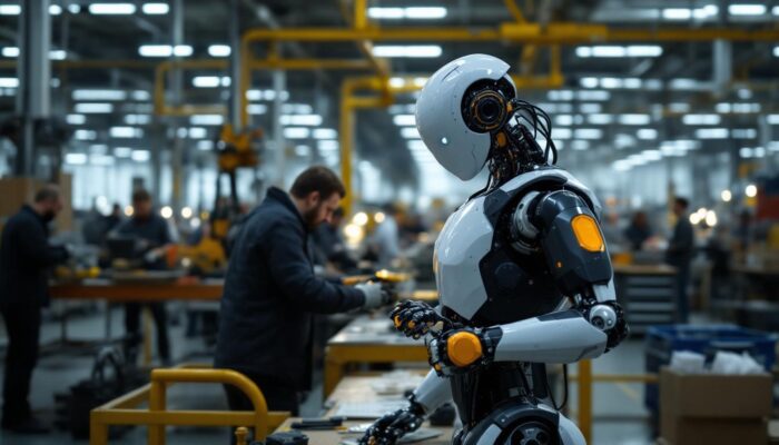 A photograph of a sleek industrial robot in action within a bustling boston manufacturing facility