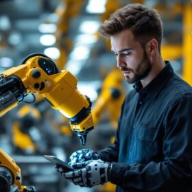 A photograph of a robotics engineer in a modern industrial setting