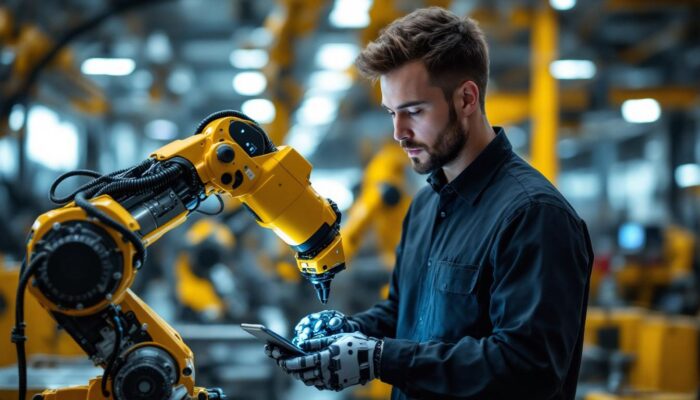 A photograph of a robotics engineer in a modern industrial setting