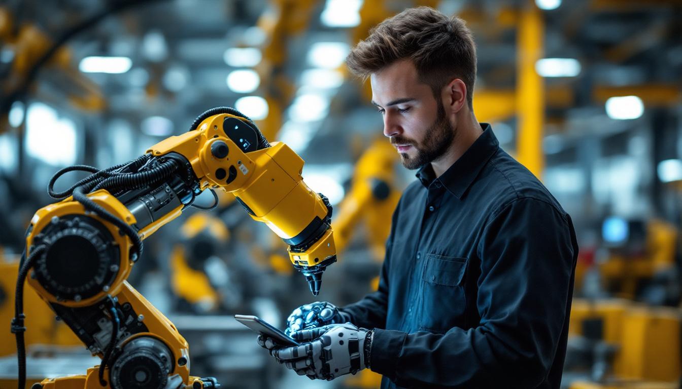 A photograph of a robotics engineer in a modern industrial setting