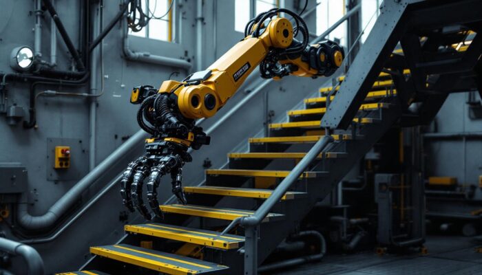 A photograph of a robotic arm navigating a series of industrial stairs and steps