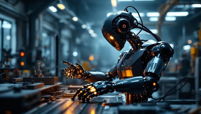 A photograph of a sleek industrial robot in action