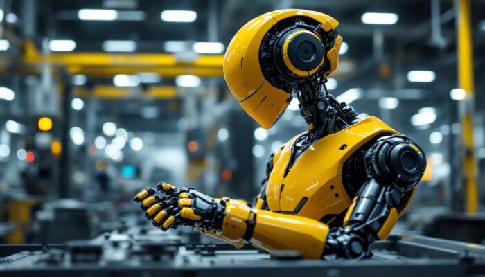 A photograph of a sleek industrial robot in action within a modern manufacturing facility in singapore