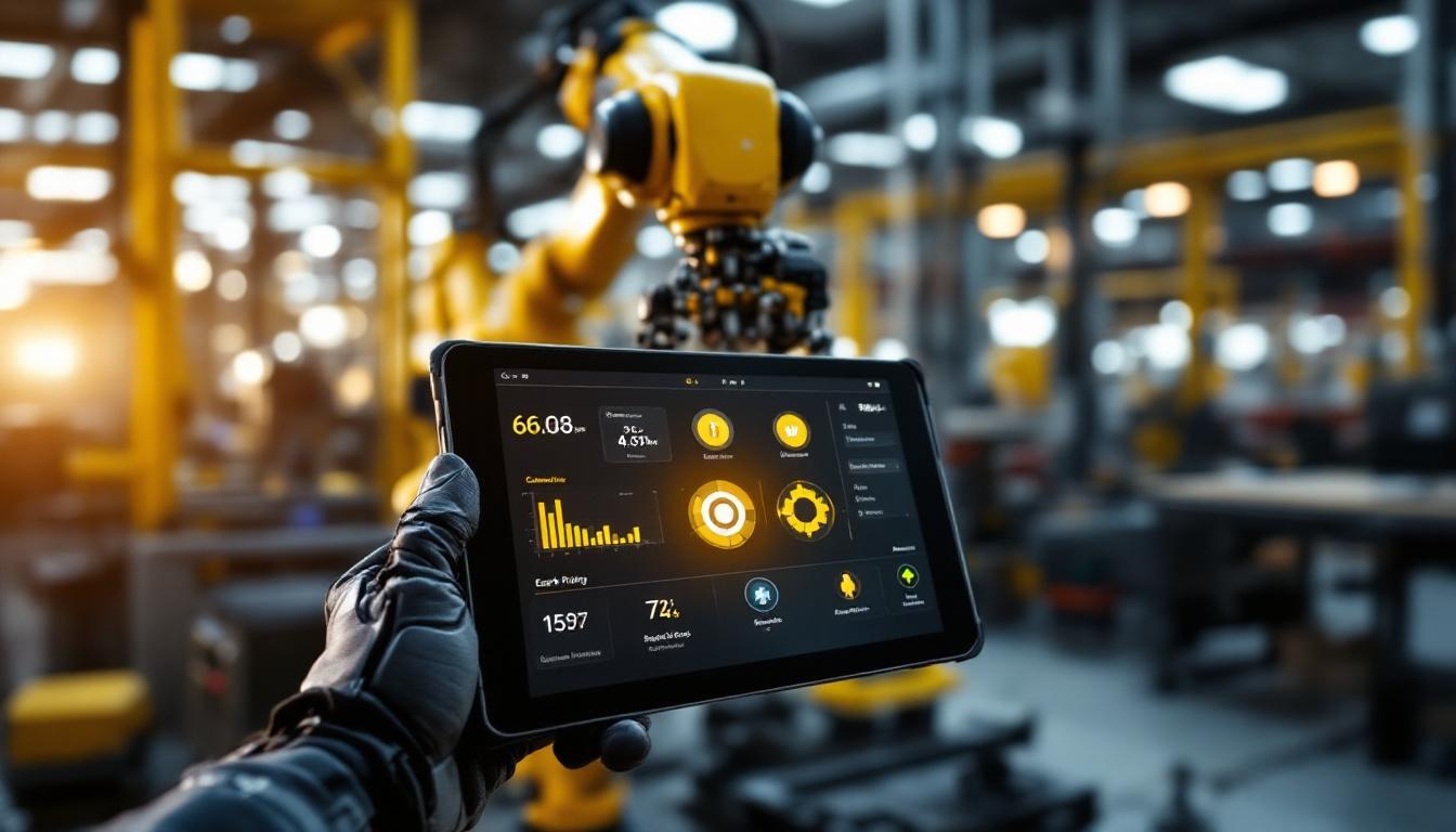A photograph of a samsung tablet displaying a user-friendly interface controlling an industrial robot in an automated workspace