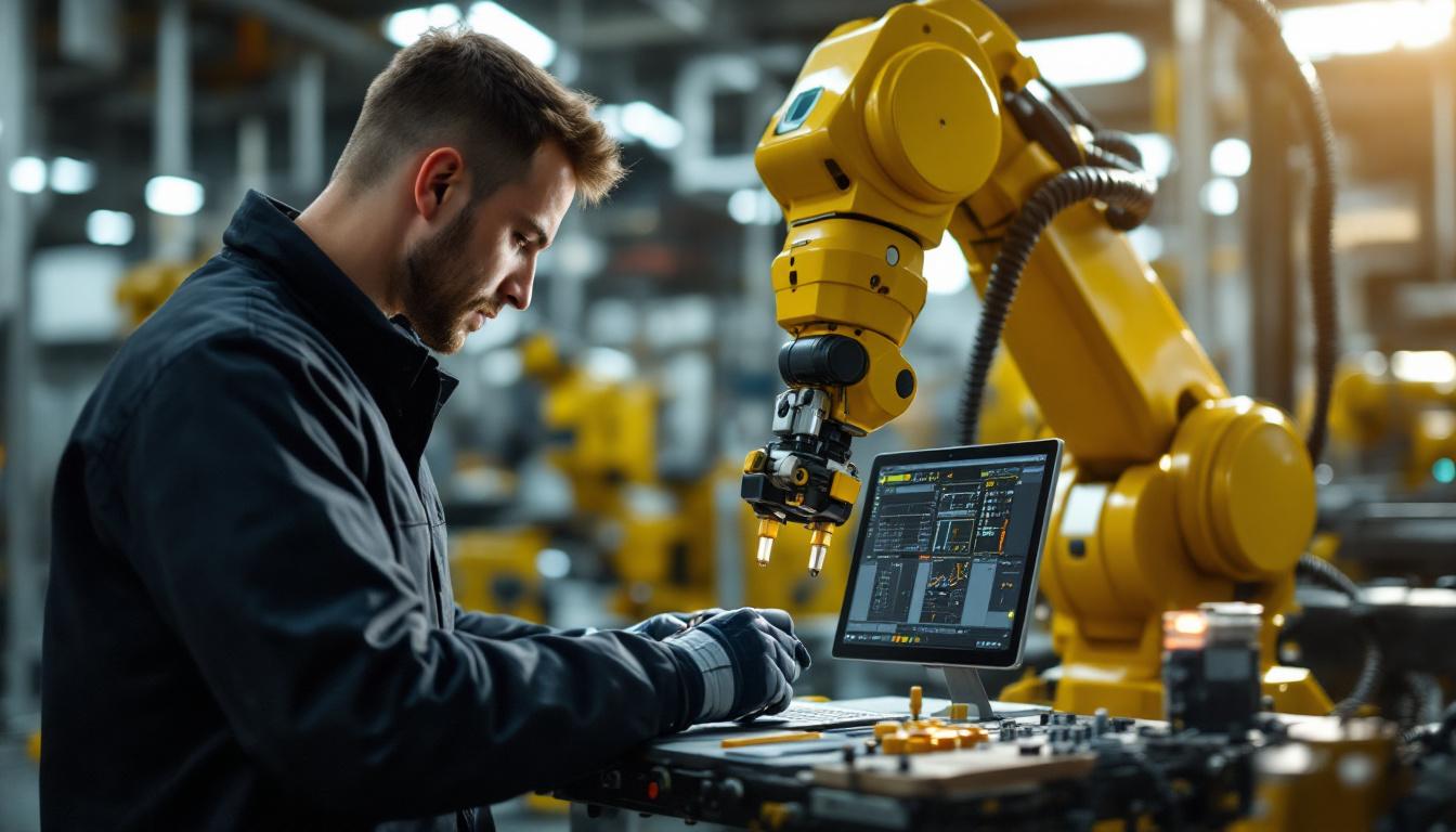 A photograph of a skilled technician programming or operating an industrial robot in a massachusetts manufacturing facility