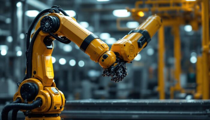 A photograph of a high-tech industrial robotic arm in action