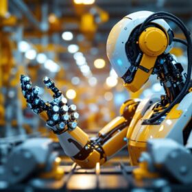 A photograph of a sophisticated industrial robot in action