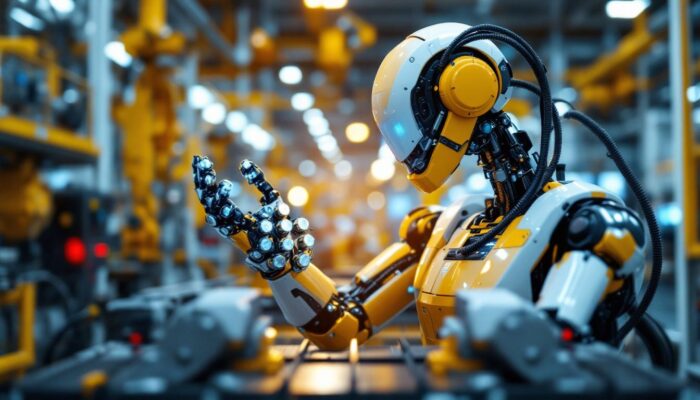 A photograph of a sophisticated industrial robot in action