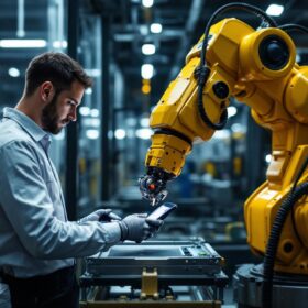 A photograph of a skilled technician programming or operating an industrial robotic arm in a modern manufacturing environment