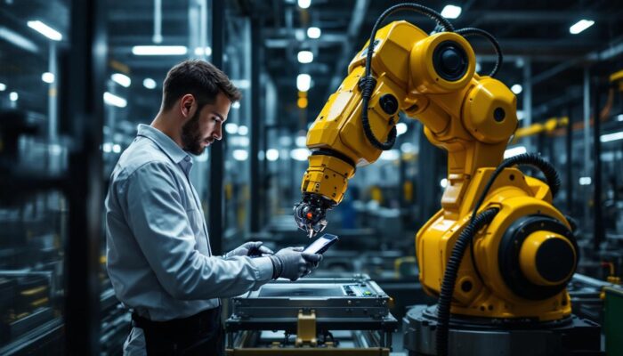 A photograph of a skilled technician programming or operating an industrial robotic arm in a modern manufacturing environment