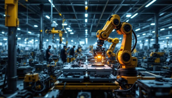 A photograph of a state-of-the-art industrial facility showcasing a variety of advanced robotic systems in action